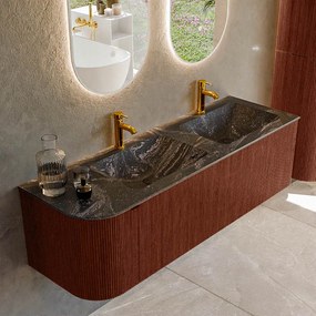 Mondiaz Kurve-dlux 145cm badmeubel ronding links ruby met 1 lade en deur en wastafel leaf dubbel/rechts 2 kraangaten lava