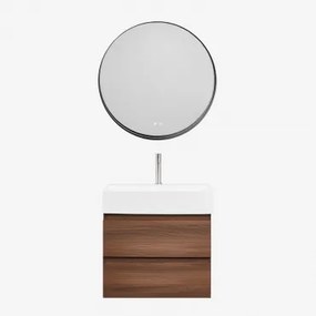 Badkamermeubelset Van Hout En Essenhoutfineer Met Geïntegreerde Wastafel Ona Donker Hout & Round Led And Antifog Zwart Ø80 Cm Kimacs - Sklum
