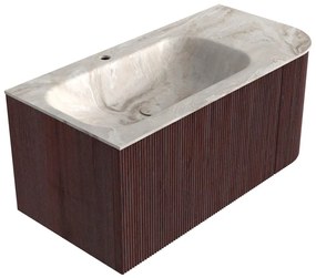 Mondiaz Kurve-dlux 95cm badmeubel ronding rechts ruby met 1 lade en deur en wastafel big small kraangat links frappe