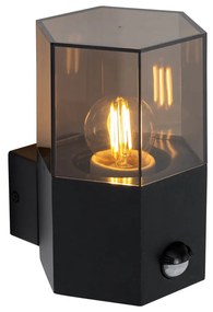 Buiten wandlamp zwart met smoke glas zeshoek en bewegingssensor - Denmark
