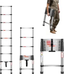 VEVOR Telescopische Ladder, 254 cm lang, RVS Uitschuifladder, Opvouwbare Ladder met een Draagvermogen van 150 kg (75°) &amp; Antislipvoetjes, Draagbare Ladder met 9 Treden voor Thuis, Camper, Zolder