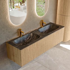 Mondiaz Kurve-dlux 150cm badmeubel oak met 2 lades en wastafel stor small dubbel 2 kraangaten lava