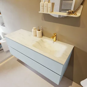Mondiaz Vica DLux badmeubel 130cm clay 2 lades met wastafel opalo rechts 1 kraangat