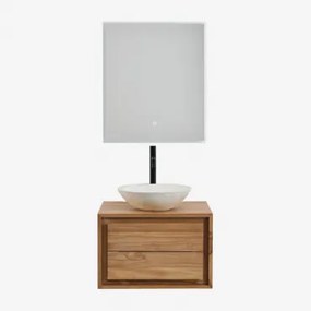 Jabari Teakhouten Badkamermeubelset Teakhout & Rond Cement Wit Ø40 Cm Zavion & Rechthoekige Led En Anticondens 60x70 Cm Riben & Zwart - Sklum