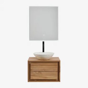 Jabari Zwevend Badkamermeubelset Van Teakhout Teakhout & Rond Cement Wit Ø40 Cm Zavion & Rechthoekige Led En Anticondens 60x70 Cm Riben - Sklum