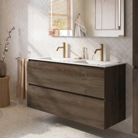 Saqu Terra badmeubel incl. dubbele glans witte keramische wastafel 120x51x66cm sepia eiken