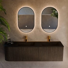 Mondiaz Kurve 155cm badmeubel ronding links shadow met 2 lades en 1 deur en wastafel cloud dubbel/rechts 2 kraangaten urban