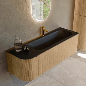 Mondiaz Kurve 135cm badmeubel ronding links oak met 1 lade en deur en wastafel big medium kraangat rechts urban