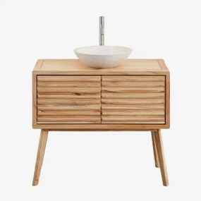 Badkamermeubelset 90x45 Cm In Hout Deleyna Natuurlijk Hout & Rond Cement Wit Ø40 Cm Zavion & Spiegelloze & Geborsteld Grijs ↑30 Cm Met Aftapkraan Zond
