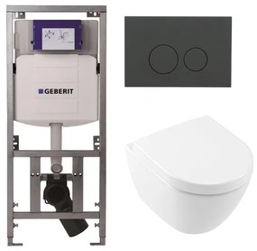 Villeroy & Boch Subway 2.0 Compact DirectFlush Toiletset - Geberit reservoir - softclose - quickrelease - bedieningsplaat mat antraciet - ronde knoppen - wit 0701131/1024232/SW1102376/1025456/