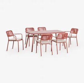 Rechthoekige Eettafelset 160x90 Cm Met 6 Stapelbare Eetkamerstoelen Van Gevlochten Touw Arhiza Terracota - Sklum