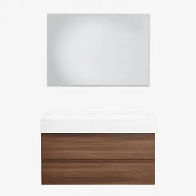 Ona Zwevend Badkamermeubelset Van Hout En Essenfineer Met Geïntegreerde Wastafel Donker Hout & Rechthoekige Led En Anticondens 100x70 Cm Riben - Sklum