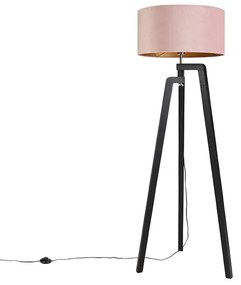Vloerlamp tripod zwart met roze kap en goud 50 cm - Puros Landelijk / Rustiek E27 cilinder / rond Binnenverlichting Lamp