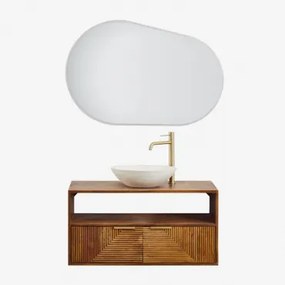 Baty Mangohouten Badkamermeubelset Mangohout & Rond Cement Wit Ø40 Cm Zavion & Ovaal Led En Anticondens 100x80 Cm Riben & Goud ↑30 - Sklum