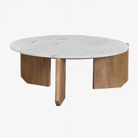 Ronde Salontafel Lavinia In Natuursteen En Mangohout Wit Marmer & Natuurlijk Hout & Ø85 Cm - Sklum