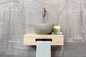 Saniclear Seba fonteinset met eiken plank, grijze terrazzo waskom en verouderd ijzer kraan voor in het toilet