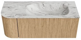 Mondiaz Kurve-dlux 115cm badmeubel ronding links oak met 1 lade en deur en wastafel big small rechts zonder kraangat glace