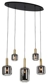 Eettafel / Eetkamer Smart hanglamp zwart met goud en smoke glas ovaal 5-lichts incl. 5 Wifi G95 - Zuzanna E27 bol / globe / rond Binnenverlichting Lamp