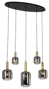 Eettafel / Eetkamer Smart hanglamp zwart met goud en smoke glas ovaal 5-lichts incl. 5 Wifi G95 - Zuzanna E27 bol / globe / rond Binnenverlichting Lamp