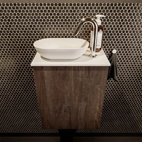 Mondiaz Fowy toiletmeubel 40cm dark brown met witte waskom links en kraangat