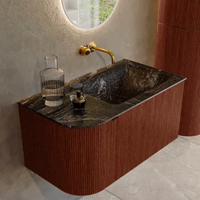 Mondiaz Kurve-dlux 85cm badmeubel ronding links ruby met 1 lade en deur en wastafel cloud rechts zonder kraangat lava