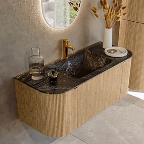 Mondiaz Kurve-dlux 110cm badmeubel ronding links/rechts oak met 1 lade en 2 deuren en wastafel cloud midden 1 kraangat lava