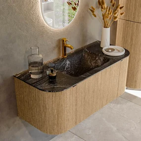 Mondiaz Kurve-dlux 110cm badmeubel ronding links/rechts oak met 1 lade en 2 deuren en wastafel cloud midden 1 kraangat lava