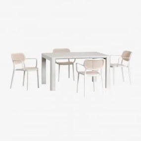 Arnadine Rechthoekige Tafelset (140x100 Cm) En 4 Stapelbare Tuinstoelen Met Omara-armleuningen Gardenia Wit - Sklum