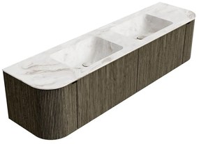 Mondiaz Kurve-dlux 180cm badmeubel ronding links/rechts shadow met 2 lades en deuren en wastafel leaf dubbel 2 kraangaten frappe