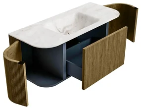 Mondiaz Kurve-dlux 110cm badmeubel ronding links/rechts dusk met 1 lade en 2 deuren en wastafel cloud midden 1 kraangat frappe