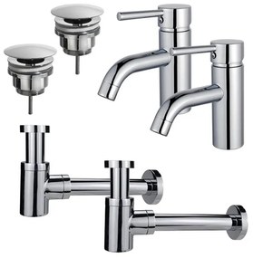 Fortifura Calvi Wastafelkraanset - voor dubbele wastafel - lage wastafelkraan - always open plug - verlaagde design sifon - Chroom 2x SW377810/2x SW696209/2x SW696219