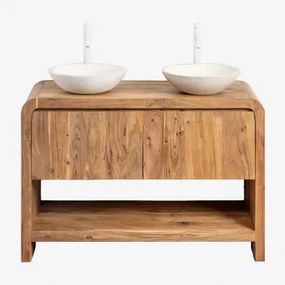 Vacry Houten Badkamermeubelset Acacia Bruin & 2 X Rond Wit Cement Ø40 Cm Zavion & Spiegelloze & ↔︎ 120 Cm & 2 X Wit ↑30 Cm Met Aftapkraa - Sklum