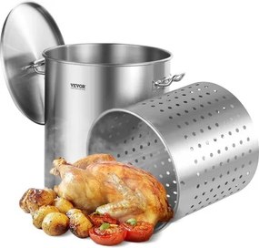 VEVOR RVS soeppan, 60,5L grote pan, kookgerei steelpan met mand, deksel en handvat, soeppan van commerciële kwaliteit, schuurbehandeling, voor evenementen met grote groepen