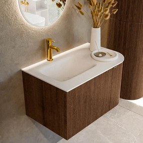 Mondiaz Kurve 75cm badmeubel ronding rechts walnut met 1 lade en deur en wastafel grunne kraangat links