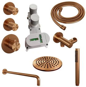 Brauer Copper Carving complete inbouw regendouche set 03 met 20cm douchekop, gebogen muurarm en staafhanddouche geborsteld koper PVD