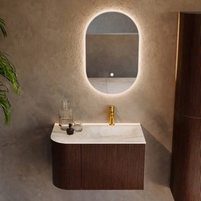 Mondiaz Kurve-dlux 75cm badmeubel ronding links ruby met 1 lade en deur en wastafel grunne kraangat rechts opalo