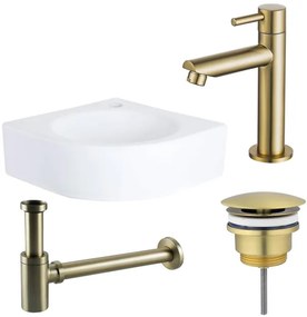 QeramiQ Fuente fonteinset - 30x30x10cm - 1 kraangat - hoek - keramiek - fonteinkraan messing geborsteld - glans wit SW696238/SW696208/SW696218/SW679885