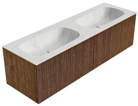 Mondiaz Kurve-dlux 150cm badmeubel walnut met 2 lades en wastafel stor small dubbel 2 kraangaten opalo