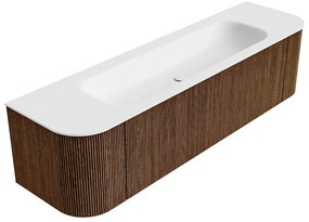 Mondiaz Kurve 170cm badmeubel ronding links/rechts walnut met 1 lade en 2 deuren en wastafel big large midden zonder kraangat