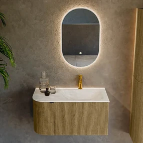 Mondiaz Kurve-dlux 85cm badmeubel ronding links dusk met 1 lade en deur en wastafel cloud kraangat rechts ostra