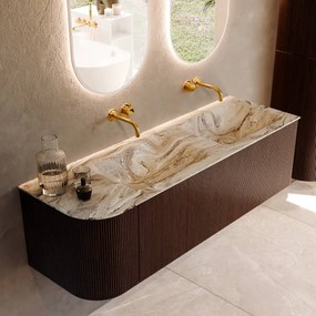 Mondiaz Kurve-dlux 145cm badmeubel ronding links ruby met 1 lade en deur en wastafel leaf dubbel/rechts zonder kraangat glace