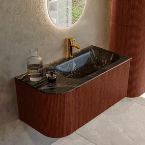 Mondiaz Kurve-dlux 95cm badmeubel ronding links ruby met 1 lade en deur en wastafel big small kraangat rechts lava