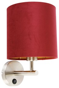 Strakke wandlamp staal met rode velours kap - Matt Modern E27 rond Binnenverlichting Lamp