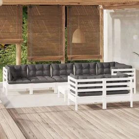 vidaXL 9-delige Loungeset met kussens massief grenenhout wit
