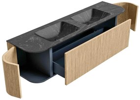 Mondiaz Kurve-dlux 170cm badmeubel ronding links/rechts oak met 1 lade en 2 deuren en wastafel leaf dubbel 2 kraangaten lava