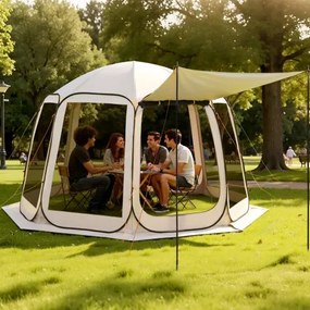 VEVOR Campingtent, 365,76 x 335,28 x 230 cm, pop-up tent met uitschuifbare luifel, partytent voor 10-12 personen, incl. draagtas en gaaswanden, voor terras en buitenactiviteiten, beige