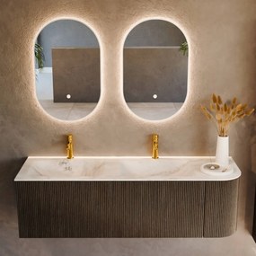 Mondiaz Kurve-dlux 145cm badmeubel ronding rechts shadow met 1 lade en deur en wastafel leaf dubbel/links 2 kraangaten opalo