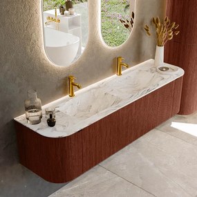 Mondiaz Kurve-dlux 170cm badmeubel ronding links/rechts ruby met 1 lade en 2 deuren en wastafel leaf dubbel 2 kraangaten glace