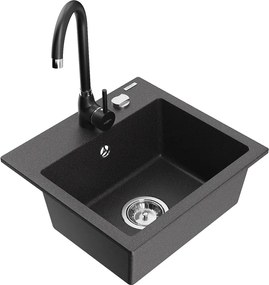 Mexen Milo granieten spoelbak 1-komor met keukenmengkraan Telma, zwart gespikkeld - 6505-76-670200-70