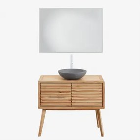 Badkamermeubelset 90x45 Cm In Hout Deleyna Natuurlijk Hout & Rond Grijs Cement Ø40 Cm Tarsis & Rechthoekige Led En Anticondens 100x70 Cm Riben & Wit ↑